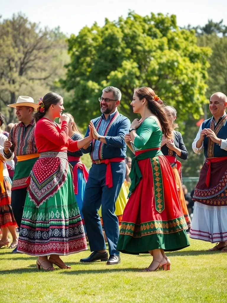 Participants from different countries engaging in a cultural exchange program, learning traditional dances from each other and fostering intercultural understanding and collaboration.