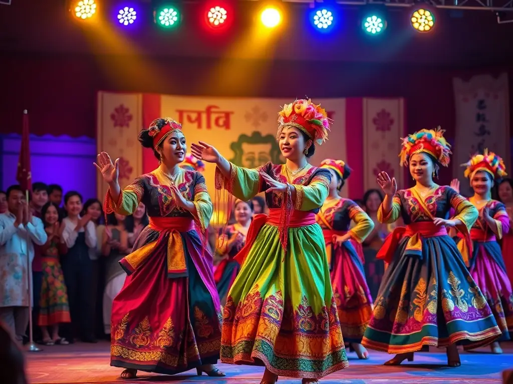 A dynamic image of dancers performing on stage during a cultural exchange event, highlighting the energy and diversity of the performance.