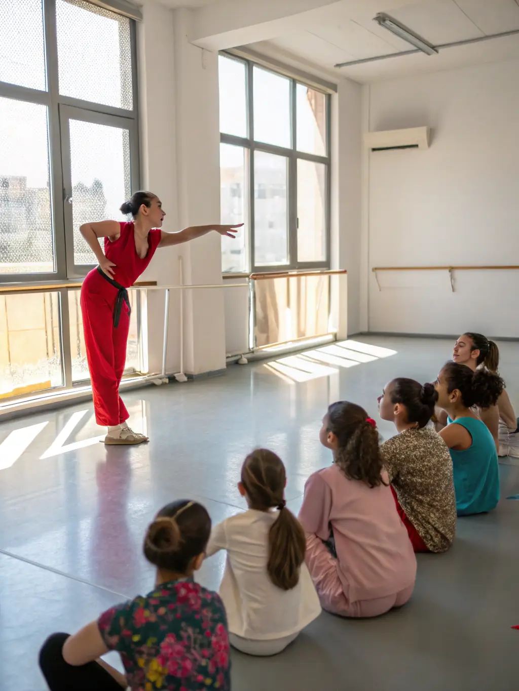 A close-up shot of a dance instructor guiding students during a contemporary dance workshop at ARABESQUE's studio.