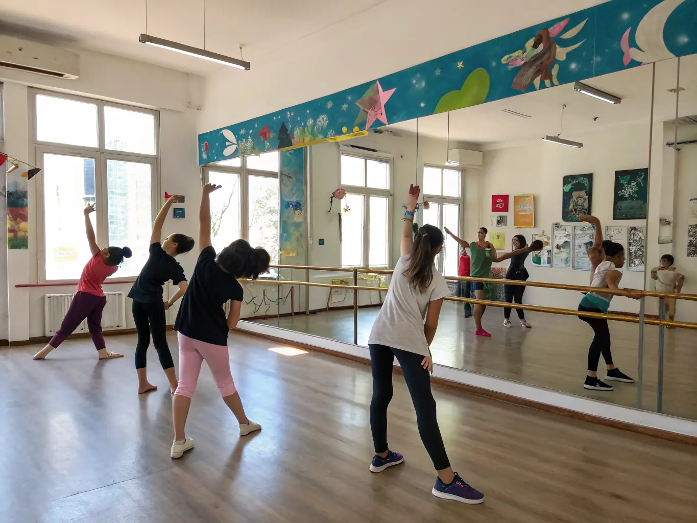 A vibrant image of students participating in a dance workshop, showcasing diverse age groups and dance styles in a bright, welcoming studio.
