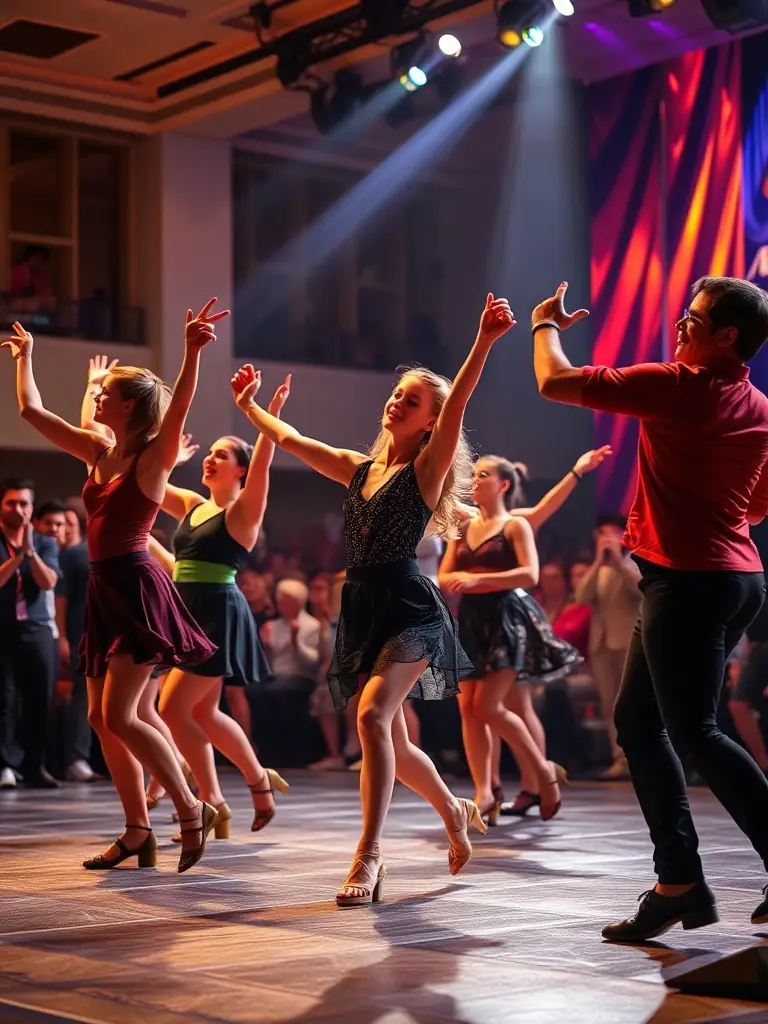 A vibrant photograph capturing dancers in mid-performance during a recent ARABESQUE stage show, showcasing energy and artistic expression.