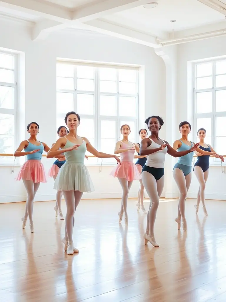 A diverse group of adults participating in a beginner's ballet workshop, with an instructor guiding them through basic positions and movements, emphasizing accessibility and inclusivity.