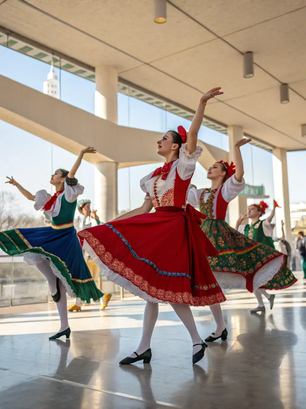 A dynamic image of dancers participating in a cultural exchange program, representing ARABESQUE's commitment to global artistic collaboration.