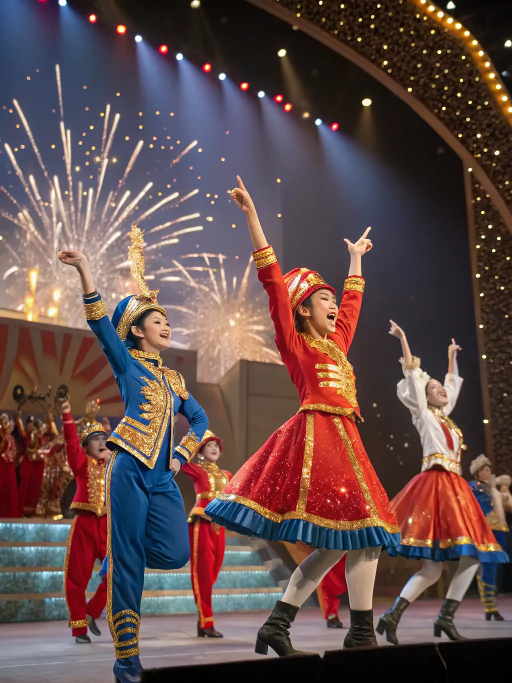A group of young dancers in colorful costumes performing a traditional folk dance on a brightly lit stage, showcasing the energy and cultural richness of ARABESQUE's programs.